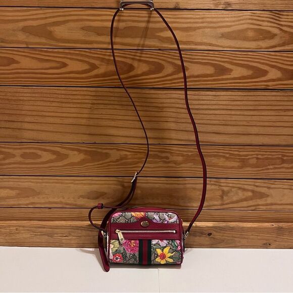 Gucci Ophidia Red Flora Small Camera Leather Canvas Flower Handbag Bag Italy - Picture 3 of 11